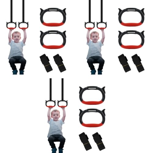 Proberos® Kids Gymnastic Rings Pair with 95Cm Heavy-Duty Adjustable Nylon Webbing Strap for Home Fitness 330Lbs Loading Rubberized Grip Durable Design Equipment for Teens Training 3 PCS