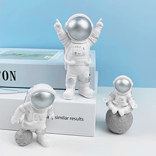 HASTHIP® 3PCS Astronauts Figures Statues Decor, Ornaments Resin Outer Space Themed Decor, Spaceman Planet Sculpture for Desktop & Tabletop Decor, Gift for Space Lovers, Silver