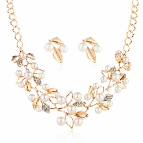 ZIBUYU® Necklace & Ear Studs Combo Set Floral Pearl Necklace Ear Studs Bold Sparkling Rhinestone Embellishment Alloy Chain Necklace Women Jewelry Gift Set, Golden
