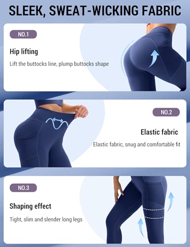 Venzina® Women's Legging Running Pants with Pocket, Stretchy Taceless Sport Leggings, Tummy Control & Butt Lifting, Full Length Fashion High-Waisted Leggings, Navy Blue-XL