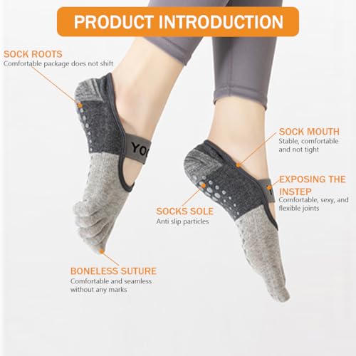 Proberos® Women Classic Cotton 1 Pair Non-Slip Yoga Socks Anti-Skid 5-Toe Grip with Breathable Fabric Elastic Straps Ideal for Pilates Barre Ballet Gym Home Workouts Grey 3PCS