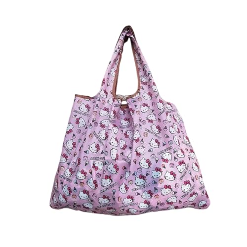 SANNIDHI® Shopping Tote Bags Large Cartoon Kitty Grocery Shoulder Bag Waterproof Durable Nylon Packable Portable Utility Bags for Shopping, Shifting, Moving, 50x40cm