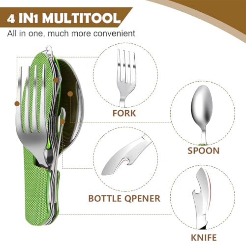 Proberos® 4 in 1 Tableware for Camping, Folding Fork & Spoon Cutter with Bottle Opener, Food Grade Stainless Steel Folding Tableware, Aluminium Handle, Travel Outdoors Multifunctional Tool
