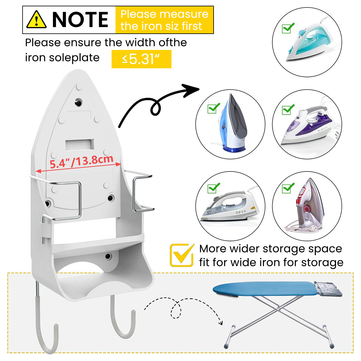 HASTHIP® Iron Board Hanger, Wall Mount Electric Iron Holder Iron and Ironing Board Storage Organizer Shelf with Removable Hooks for Household Bathroom Laundry Room