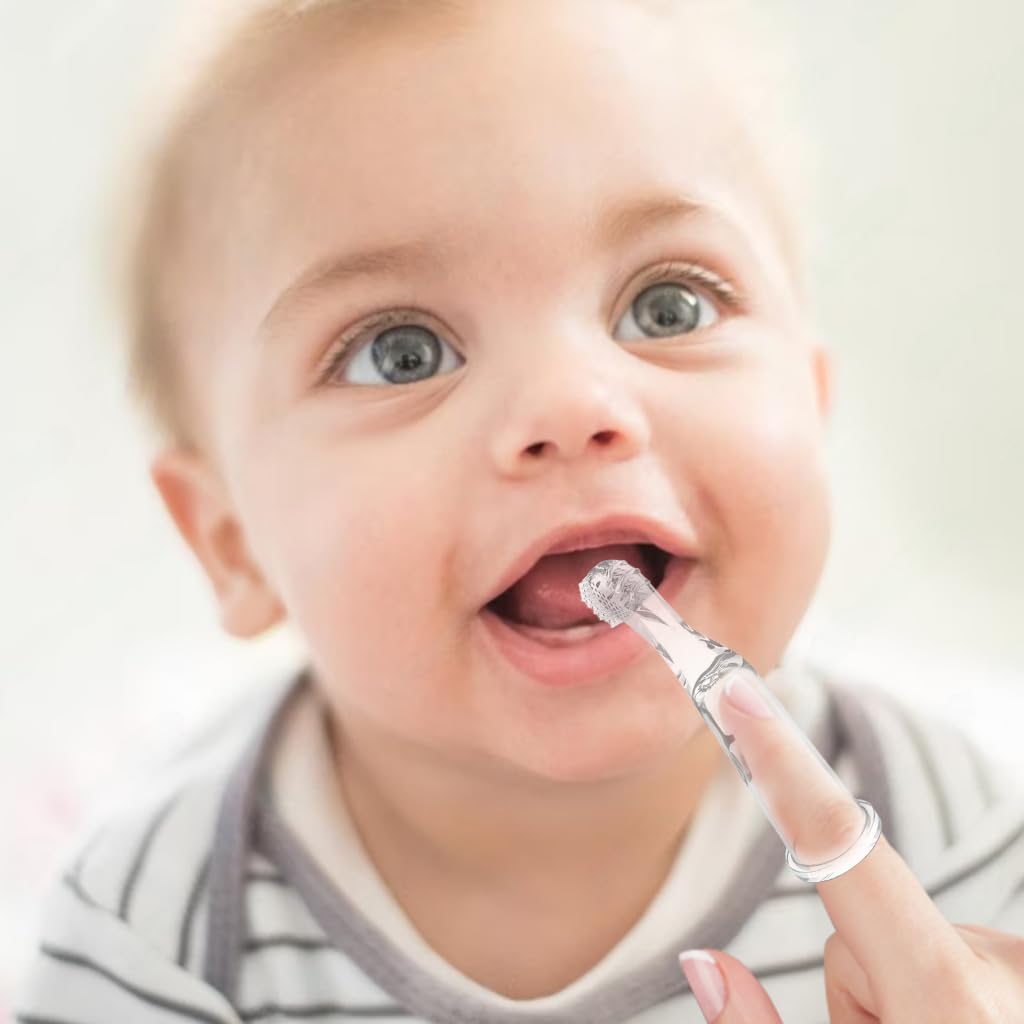 SNOWIE SOFT Silicone Finger Toothbrush Set with Baby Tongue Scraper Gum Massager Food Grade Soft Silicone Baby Finger Toothbrush for Baby 0-1 Years Old Baby Oral Care Cleaning Set with Box