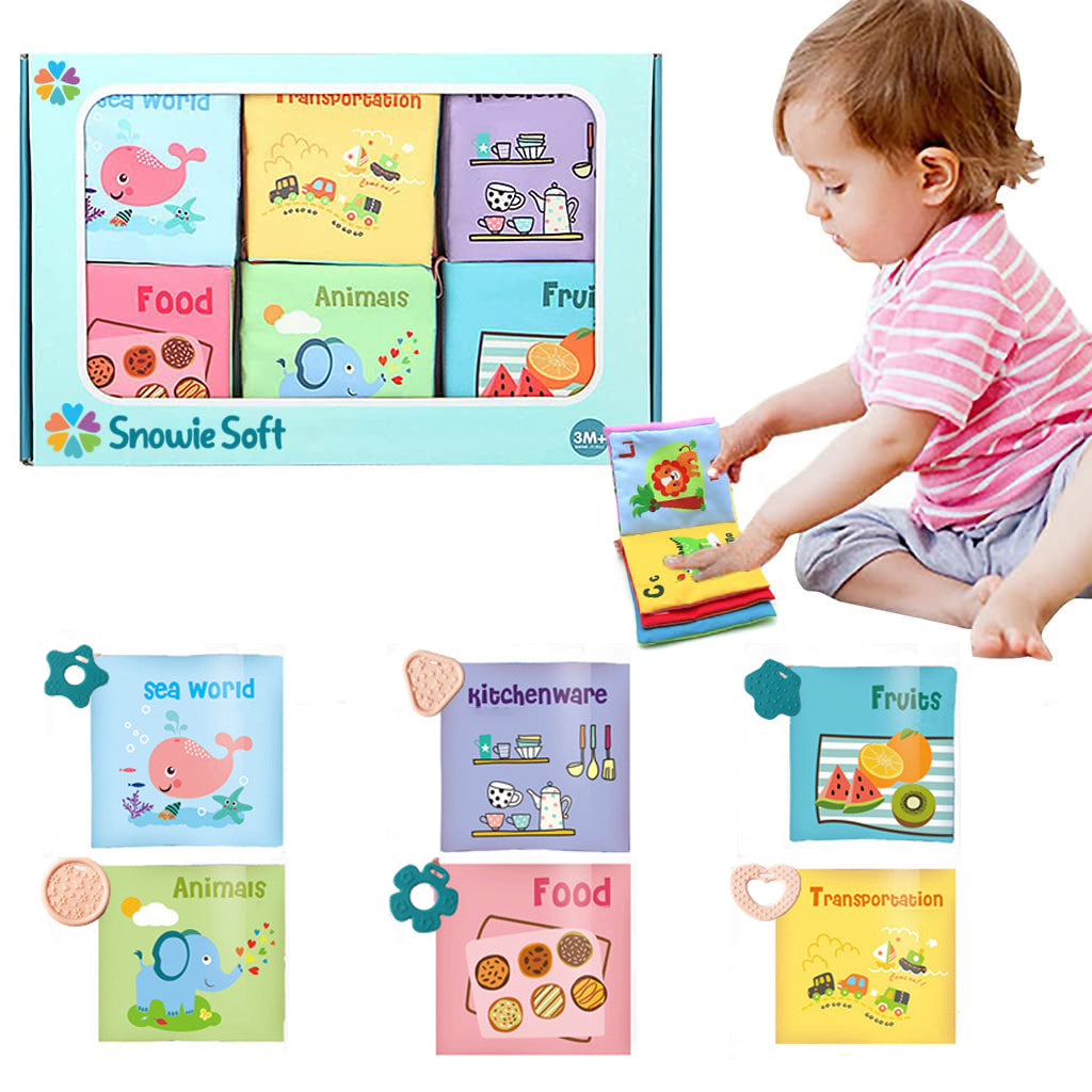 SNOWIE SOFT 6Pcs Baby Cloth Book with Silicone Teether Baby Play Books 10-Page Themed Books Built in Squeaky Cloth Book Sensory Book Early Educational Books for 6-12 Months Shower Gift Baby Gift