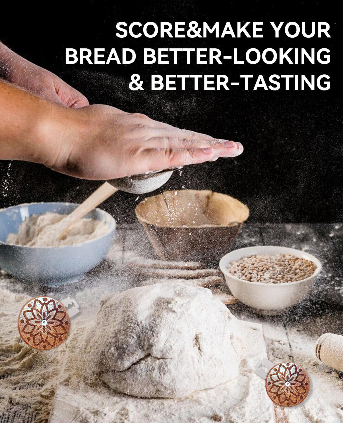 Supvox 5Pcs Bread Lame Blades with Mandala Pattern Wooden Handle, Stainless Steel Bread Lames for Sourdough Bread Country Bread Multi Use Dough Razors with PU Storage Pouch