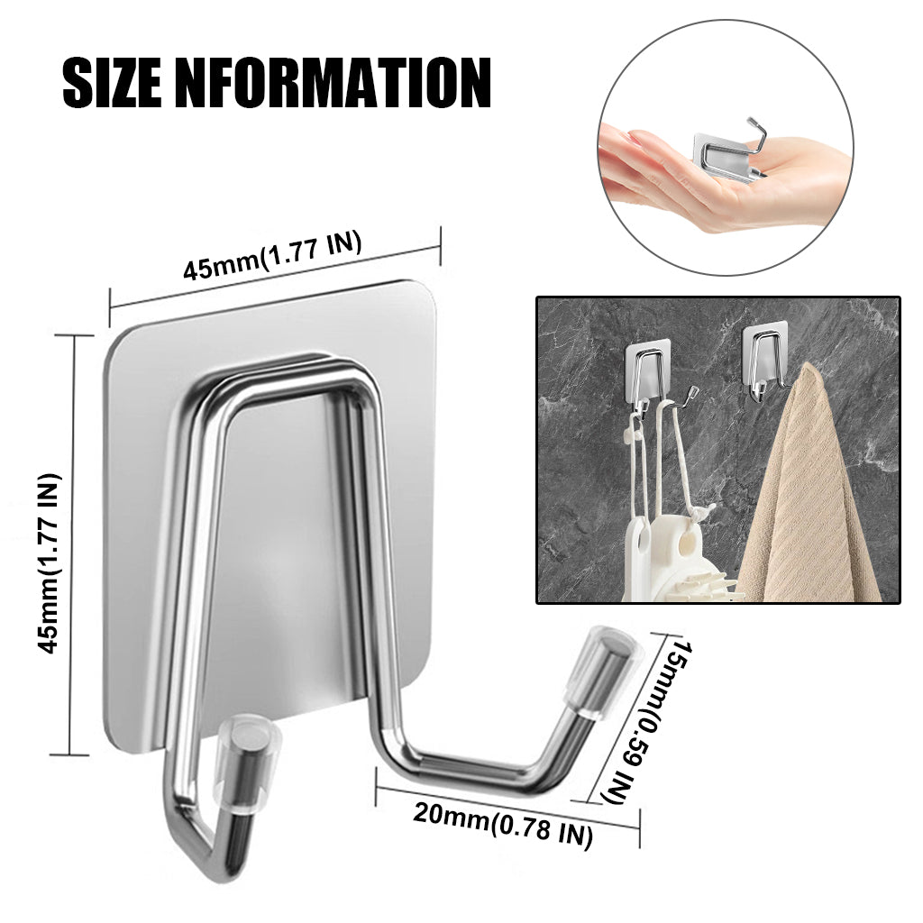 HASTHIP 4Pcs Adhesive Dual Wall Hooks - 304 Stainless Steel Heavy-Duty Towel, Clothes, Sponge Holder, Space-Saving Utility for Kitchen, Bathroom, Bedroom (Silver)