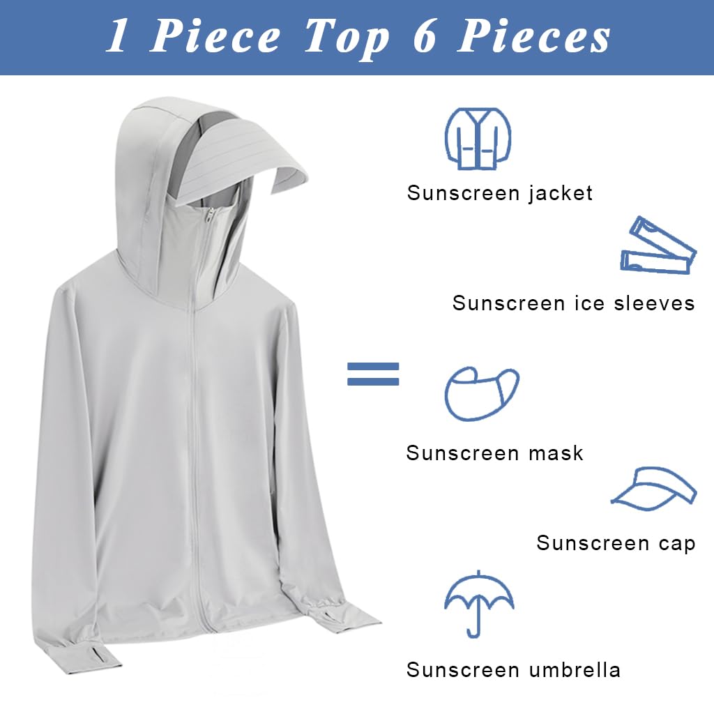 GUSTAVE® Men's Sun Protection Clothes UV Protection Suit UPF 50+ Full Cover Up Hoodie Sun Protection Clothing Intergrated Wide Brim Hat Long Sleeve Sun Protection Clothes for Men, XXL