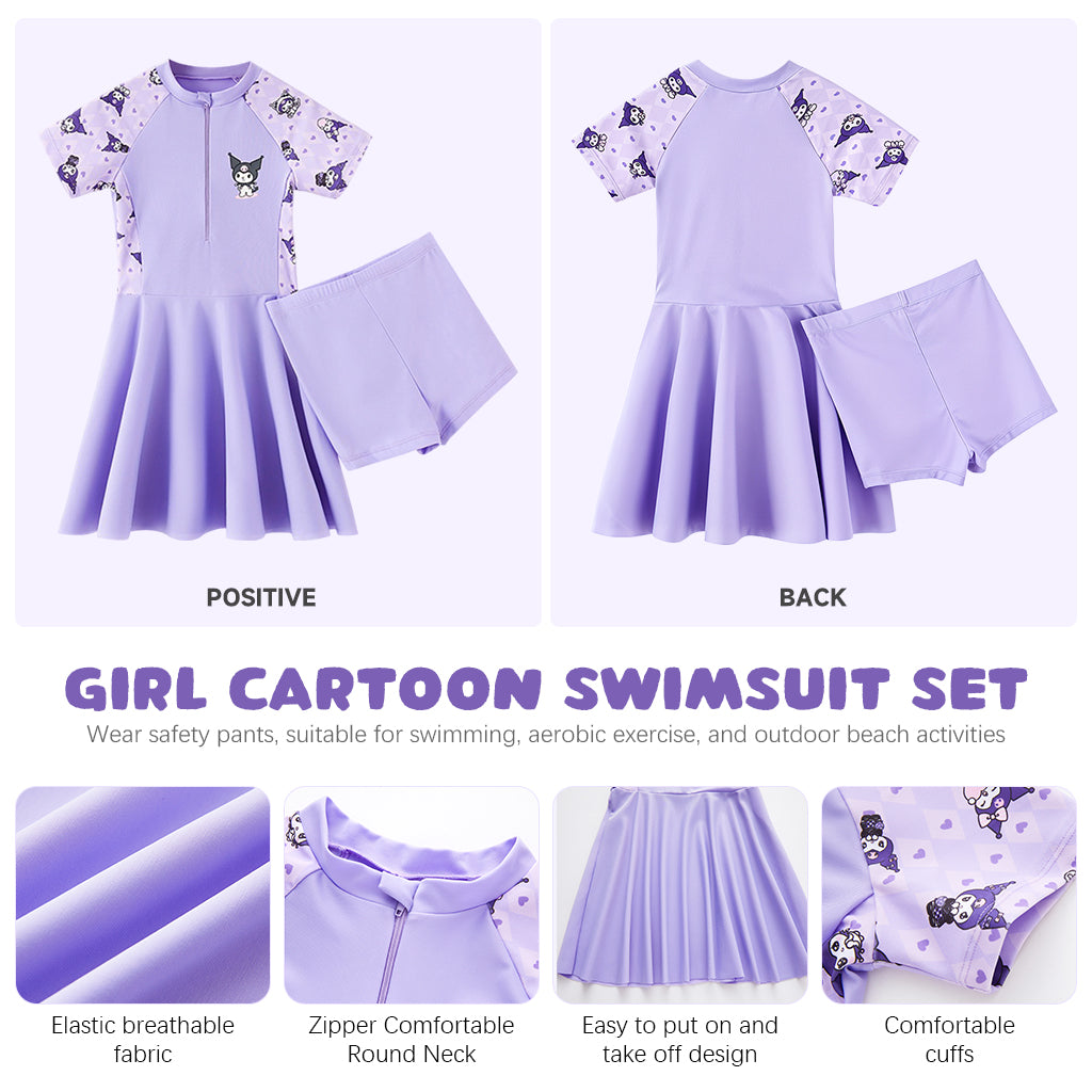 SNOWIE SOFT One-Piece Kuromi Swimming Costume for Kids Girls, Cartoon Swim Suit Set for Girls with Safety Pants for 105-120 Cm 18-22 Kg 5-6 Years Old Girls for Swimming, Aerobics and Outdoor Seaside