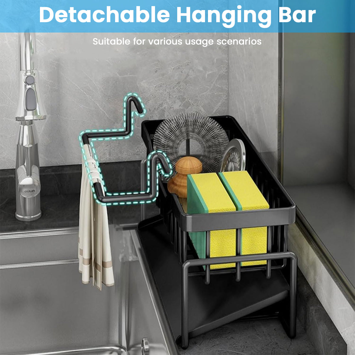 HASTHIP Sponge Holder for Kitchen Sink, Stainless Steel Sink Caddy with Self Drain Tray, Rustproof Kitchen Sink Organizer Brush Caddy Sponge Rack for Kitchen Accessories, 23x10x12cm