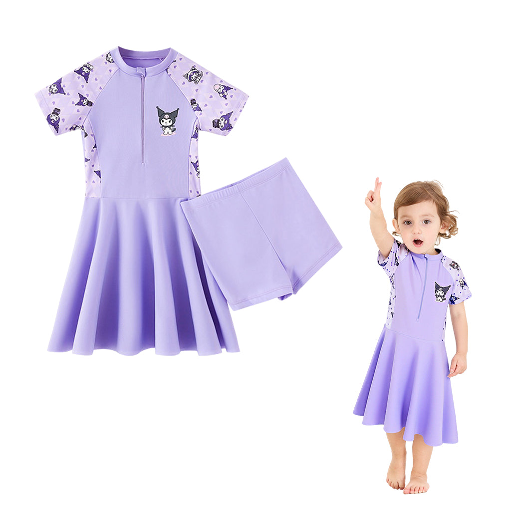 SNOWIE SOFT One-Piece Kuromi Swimming Costume for Kids Girls, Cartoon Swim Suit Set for Girls with Safety Pants for 120-130cm 22-26 Kg 6-7 Years Old Girls for Swimming, Aerobics and Outdoor Seaside