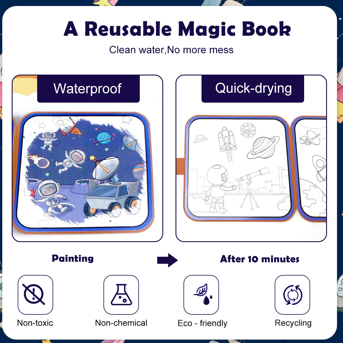 SNOWIE SOFT DIY Coloring Book with Brush Pan Paint by Water Doodle Book for Toddlers Space Man Cartoon Doodle Book Drawing Book Travel Busy Book Birthday Gift for Kids