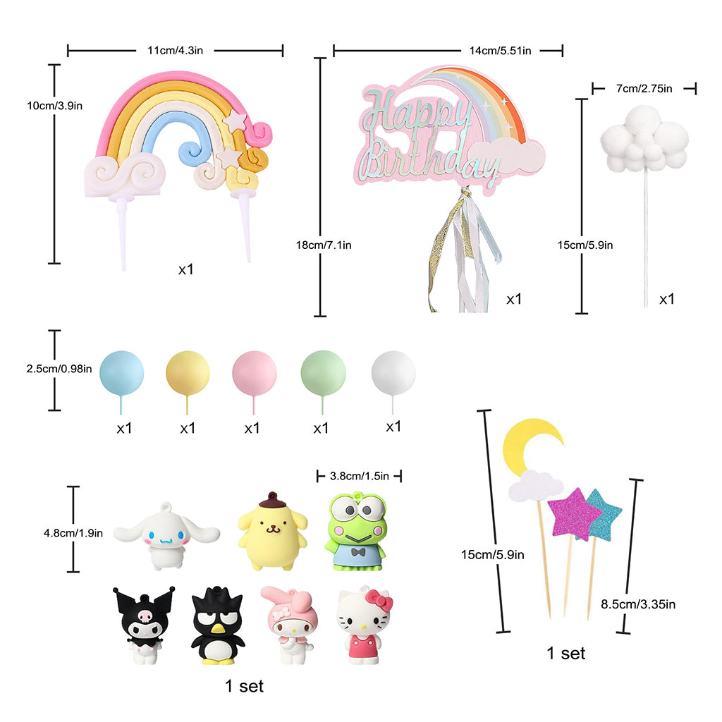 HASTHIP® 18Pcs Cute Cake Toppers Set 1.9inches Kuromi Melody Cinnamoroll Cake Toppers Cartoon Sanrio-themed Rainbow Color Ballon Cake Topper for Shower Party, Birthday Party