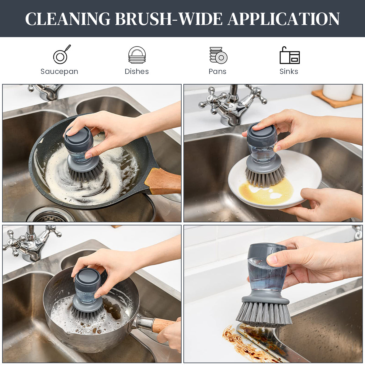 HASTHIP 2 in 1 Liquid Soap Dispenser Kitchen Scrubber Brush with Drip Tray & 2 Replacement Scrub Sponges Kitchen Dish Brush Scouring Pad Brush Pan Scrubber Oil Stain Cleaning Brush