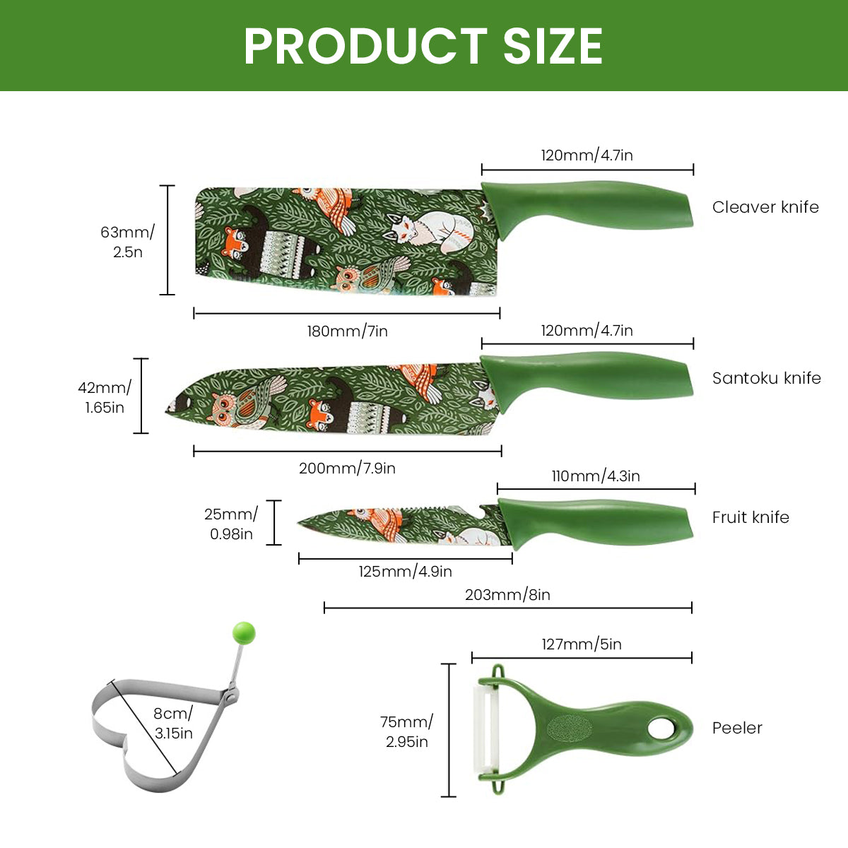 Supvox 5Pcs Stainless Steel Kitchen Knife - Chef Knife, Meat Cleaver, Fruit Cutter, Peeler and Stainless Steel Egg Fryer, Animal Forest Themed Printed Kitchen Supplies, Kitchen Tools for Cooking