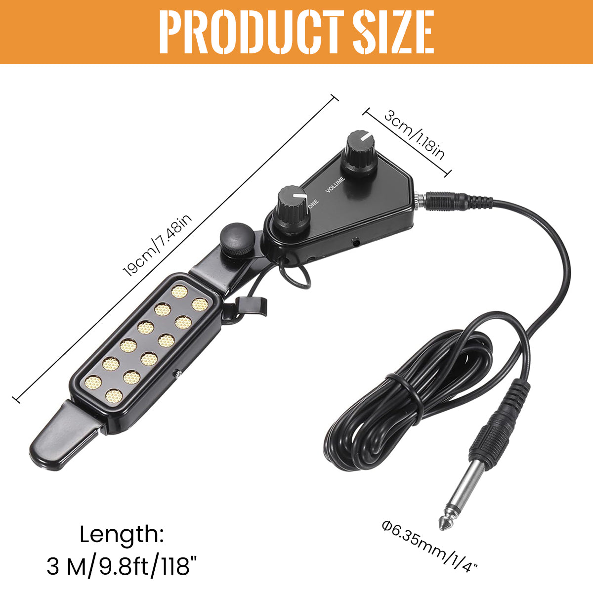 HASTHIP® Guitar Pickup 12 Pole Pieces Design Guitar Pickup Clip-On Guitar Pickup with Tone  & Volume Control Acoustic Guitar Pickup Device Plug and Go Electric Transducer Guitar Pickup, 10Ft Cable