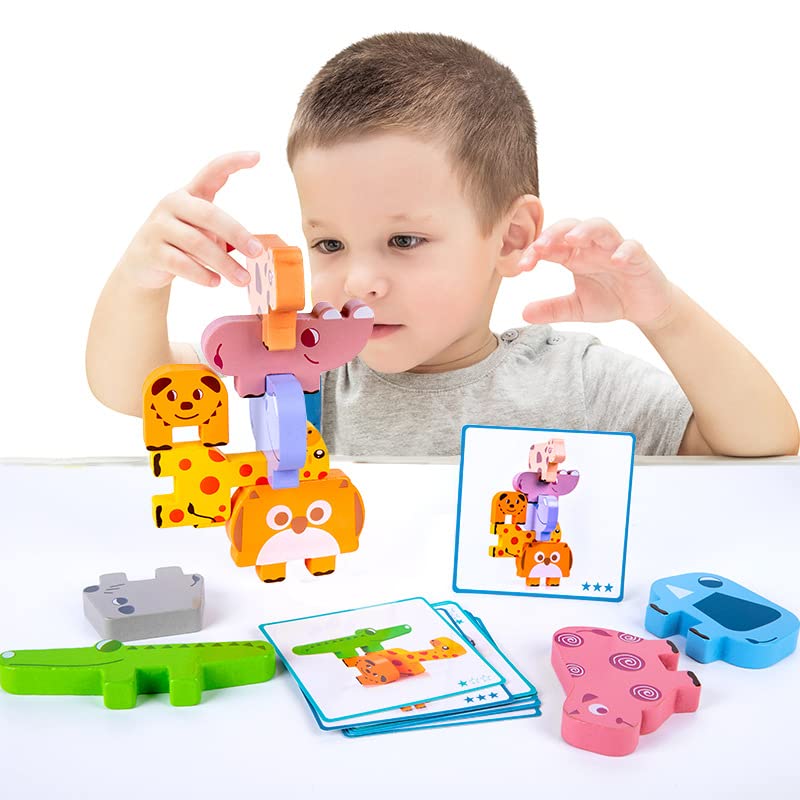 ZIBUYU Cartoon Animal Wooden Blocks Set for Kids featuring 10pcs Safe Natural Wood | Gift Toy for Toddlers 2–4 Years