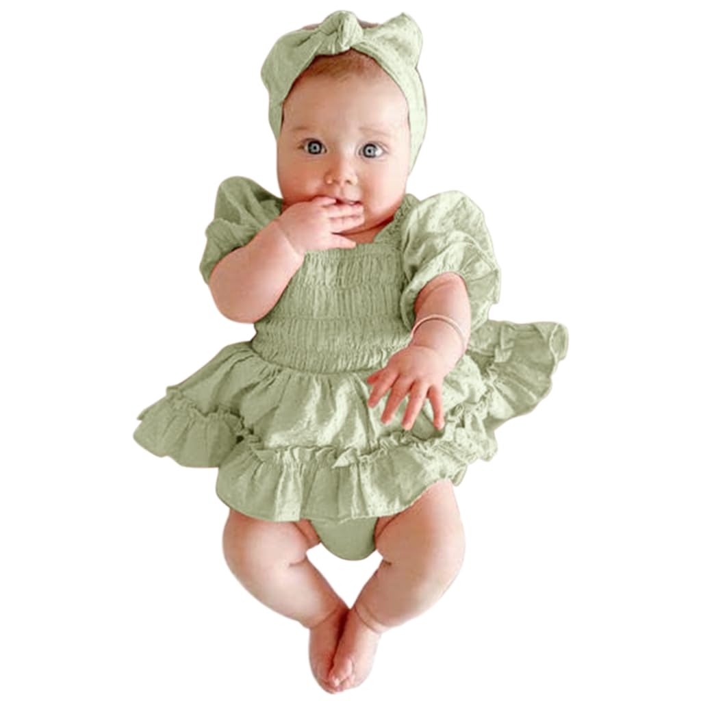 SNOWIE SOFT Baby Dress Bow Headband Set Infant Girls Romper Dress Light Green Princess Baby Dress Short Sleeve Ruched Jumpsuits Skirts Hem Bodysuits Baby Shower Gift for Infant Girls 3-6 Month