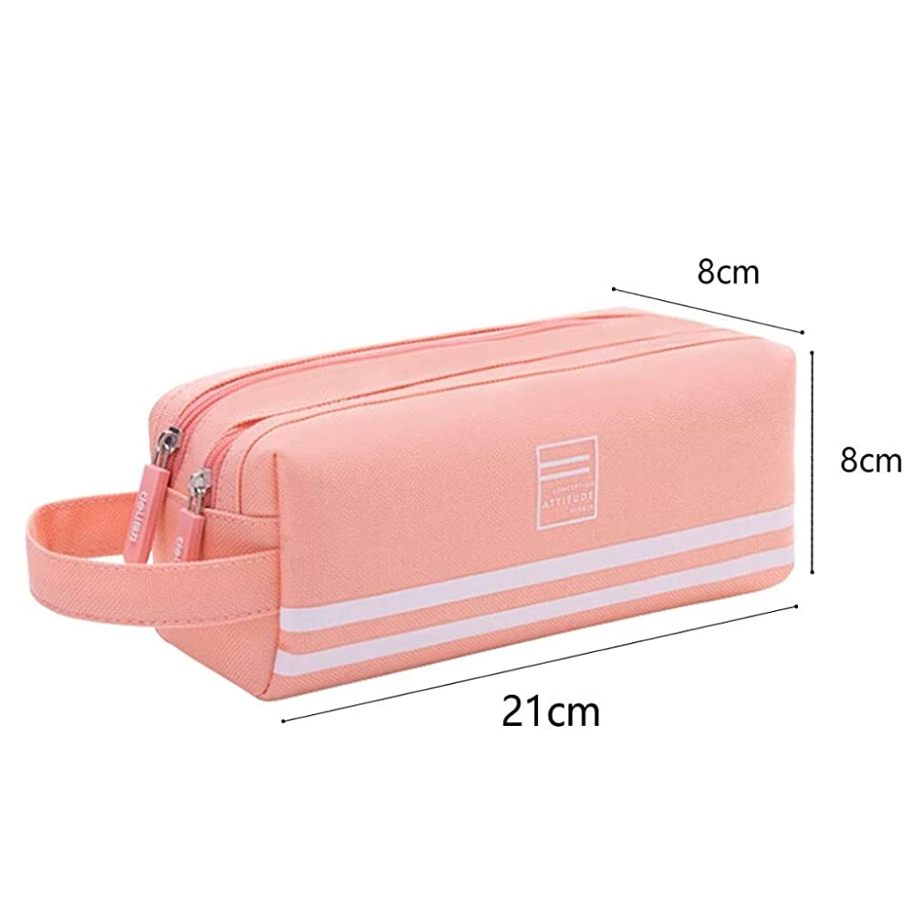 HASTHIP Canvas Large Pencil Case for Girls with Double Zipper and Handle 21x8x8 cm | Pink Storage Bag