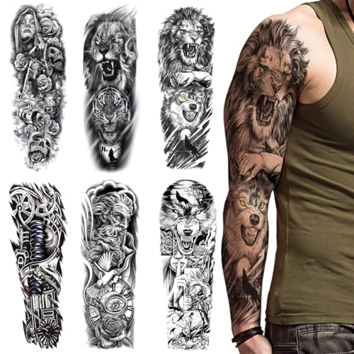 MAYCREATE 6 Sheets Temporary Tattoo for Men Waterproof Forearm Tattoo for Men Women Large Temporary Tattoo Stickers for Arm, Legs Temporary Tattoos for Party, Club, Perform, Special Makeup