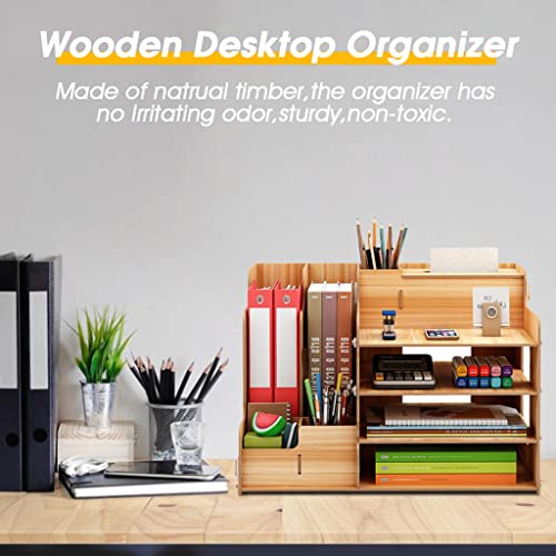 ZIBUYU® Yellow Wooden Multi-Functional Desk Stationary Organizers with Book Stand Tissue Box Pen Holder with 4 Layer Rack Table Accessories Supplies for Office,Room