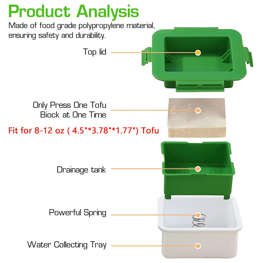 HASTHIP Tofu Press for 8–12 oz Blocks with Spring Press Mechanism and Food Grade PP | 4.5×3.78×1.77 in Dishwasher Safe