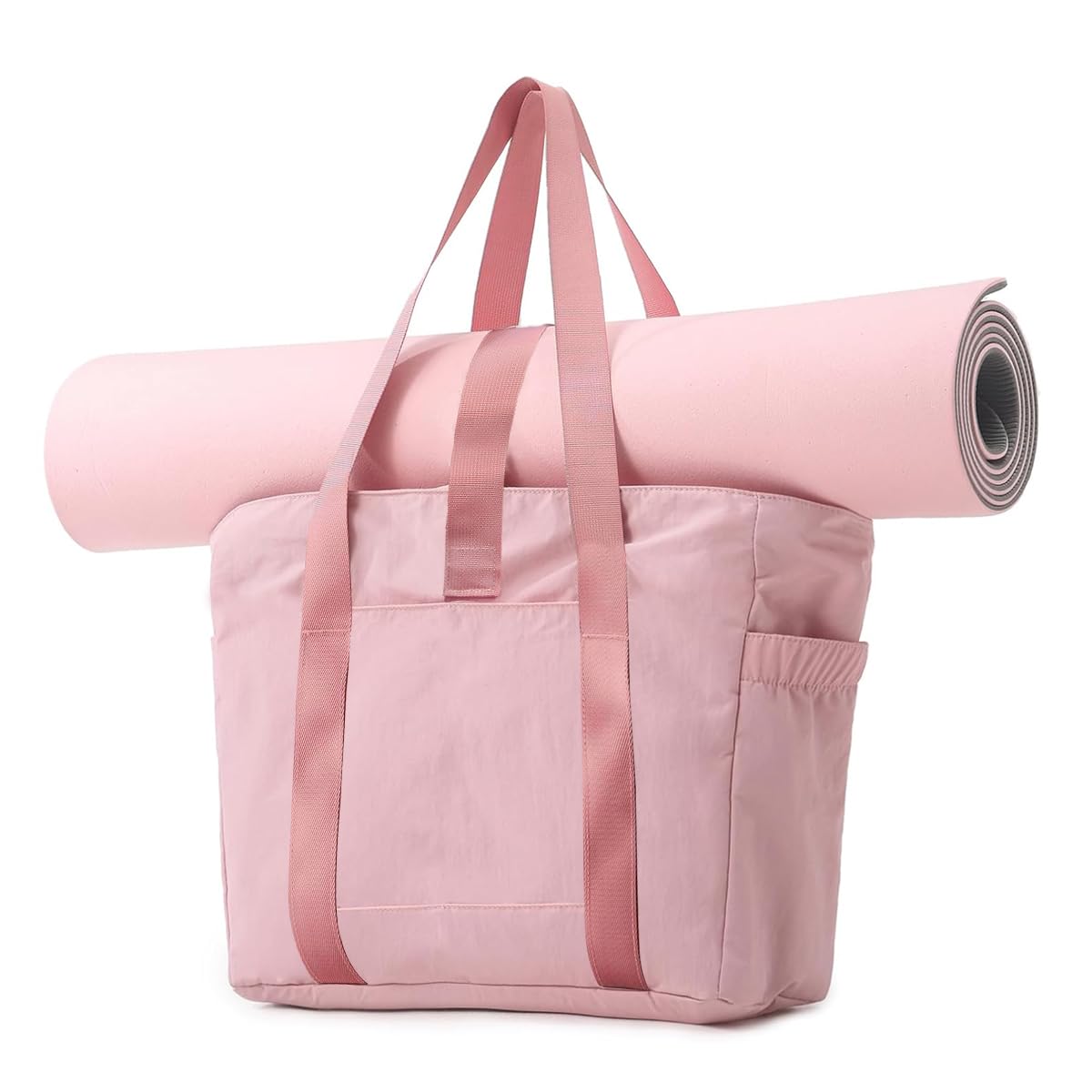 PALAY Casual Shoulder Bag Hand Bag with Zip-up Closure Tote Bag for Women Fashion Pink Nylon Gym Bag with Yoga Mat Buckle Fashion Lightweight Carry On Bag for Fitness, Travel, Work, 39x15.5x31cm