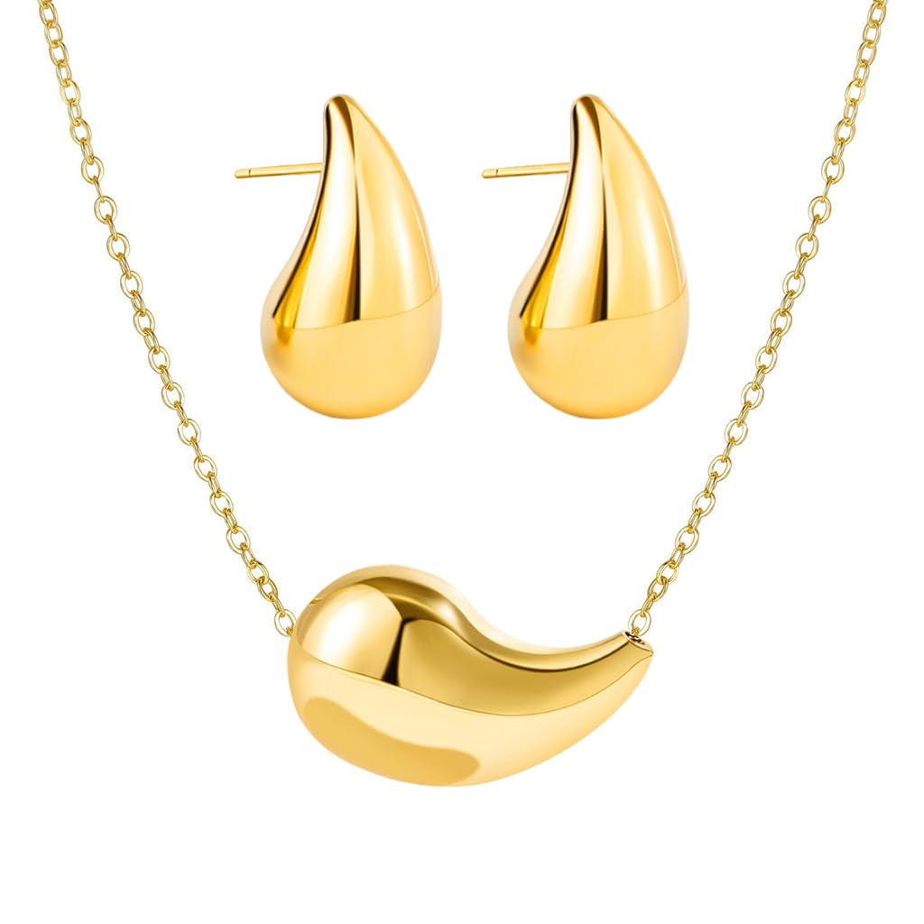 SANNIDHI Gold Necklace Set for Women Stylish Teardrop Studs Earrings Lightweight Aolly Water Drop Pendent Necklace Jewellery Set Birthday Gift for Women and Girls - 3 Pcs
