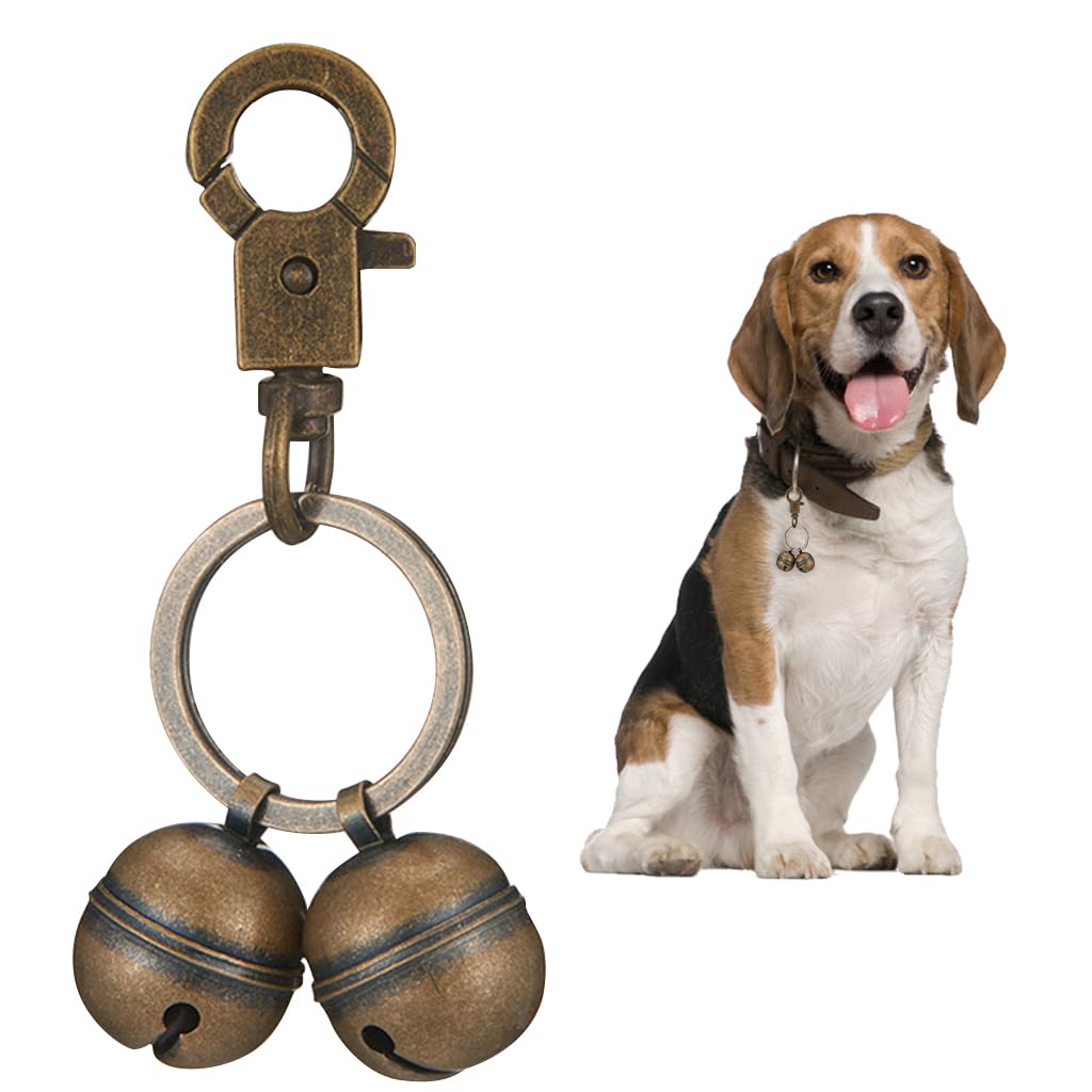 Qpets® Dog Collar Charm, Pet Collar with Bell, Keyring and Quick Connecting Buckle, Metal Brazz Vintage Twins Bell Charms Keychain Decoration Ornament