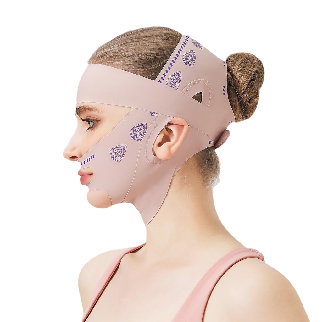 MAYCREATE Double Chin Reducer for Jawline Lifting and Firming with Adjustable Strap | Pink Face Mask for Anti Wrinkle Care