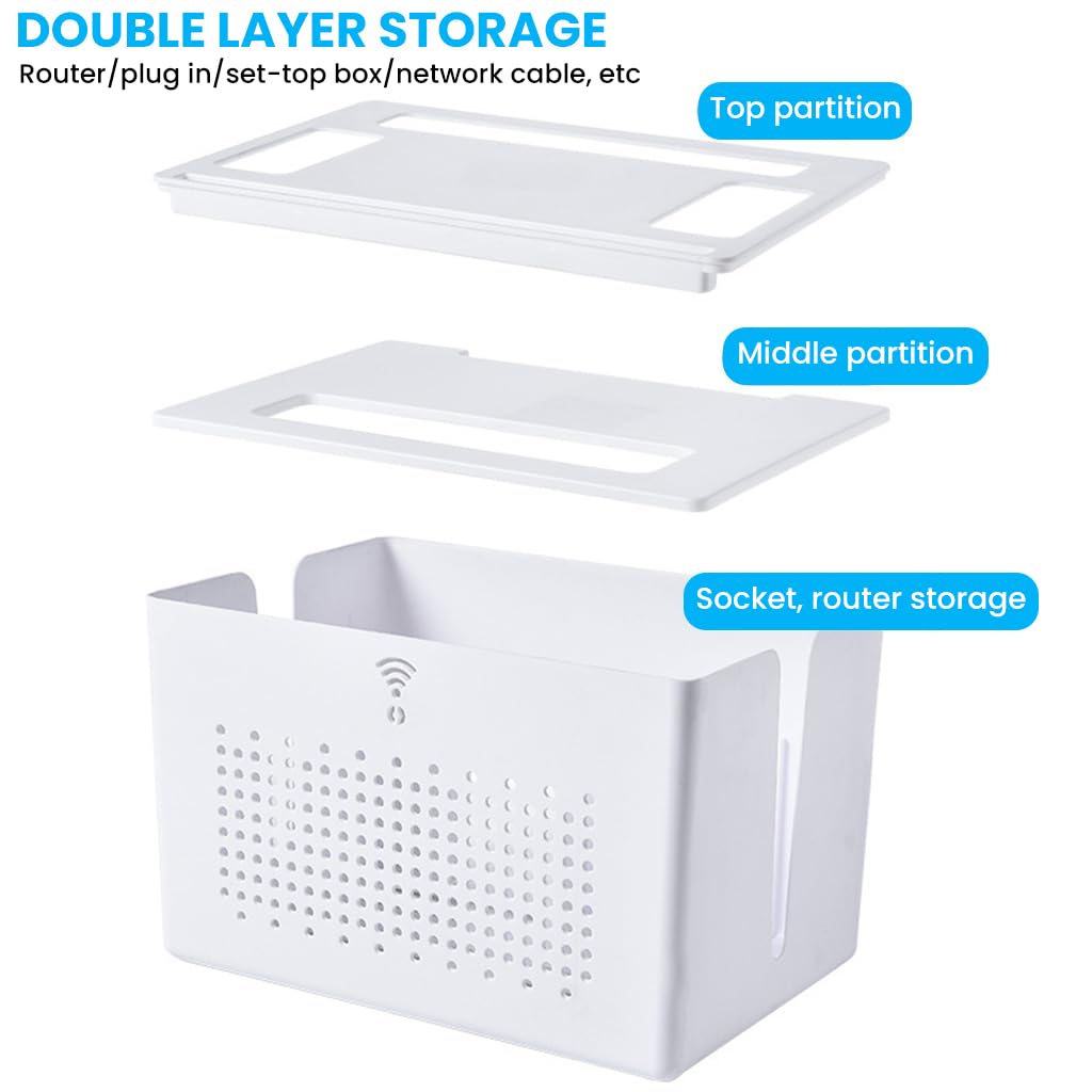 Verilux Router Stand Cable Organizer Box for Home and Office with Double Layer 31×21×20 cm | ABS Storage for Cables and Power Boards
