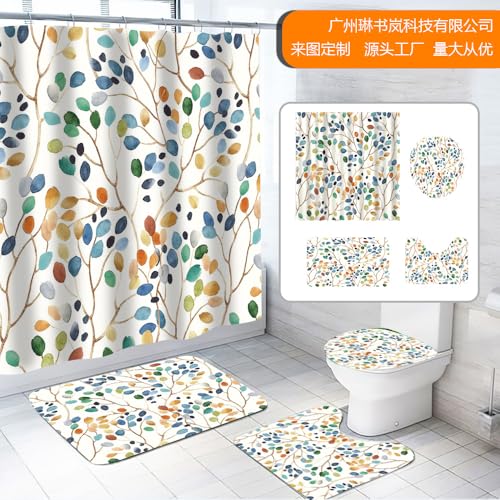 HASTHIP Bathroom Shower Curtain Sets, Waterproof Boho Leaf Print, 3Pcs Combo Pack, Includes Shower Curtain, Toilet Cover, Water Absorption Mat, Durable, Elegant Design for Indian Bathrooms