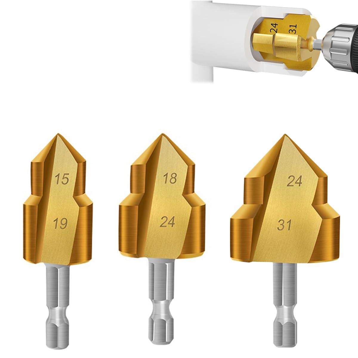 Serplex® 3Pcs PPR Lifting Drill Bit 3 Sizes Titanium Coated Steel Drill Bit 1/4 Inch Hex Shank Water Pipe Expansion Drill Puncher Hole Opener Expander For PVC, Plastic, PPR, and Rubber Tube