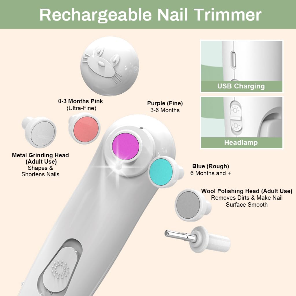 SNOWIE SOFT Electric Nail Cutter for Baby with LED Light and 6 Grinding Heads | USB Rechargeable 3 h Runtime Grooming Kit