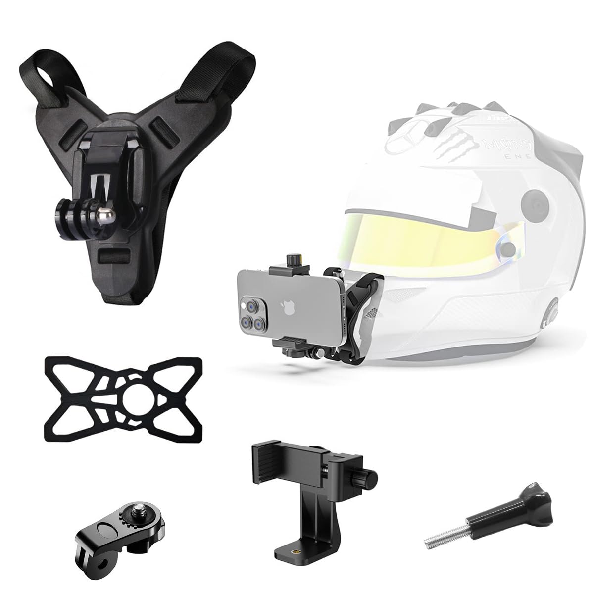 STHIRA® Helmet Mount for Mobile & Camera Rotatable Action Camera Mount Helmet Chin Strap Set with Quick-Release, Non-Slip Grip for Go-Pro Hero 12/11/10/9 includes J-Hook, Adapter, Screw, Phone Holder