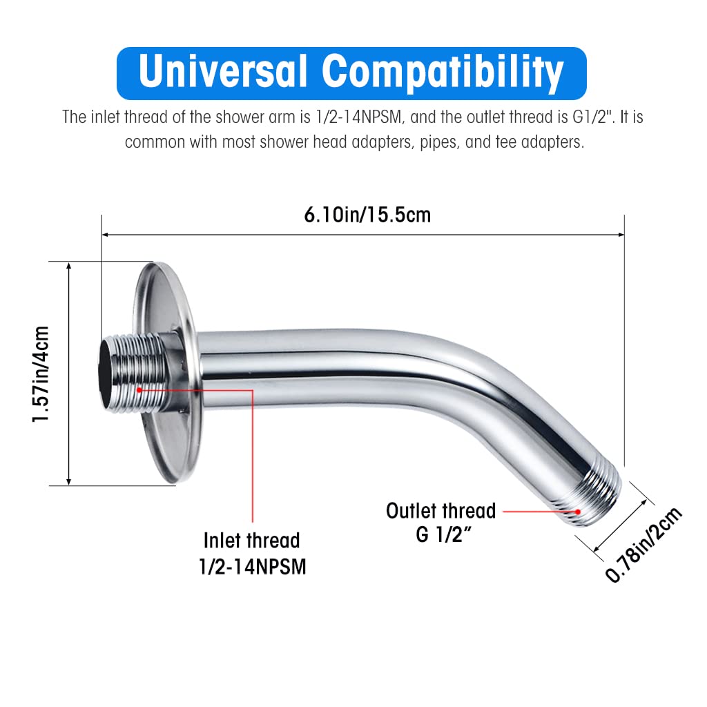 HASTHIP® Chrome Shower Arm, Wall Mounted 6 Inch Extension Shower Head Arm, Shower Arm and Flange