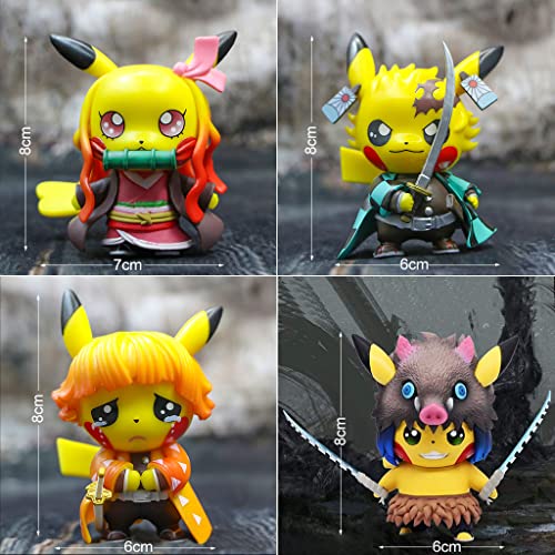 PATPAT® 4pcs Poke-mon Pi-kachu x Demon Slayer Action Figures Desk Decoration PVC Poke-mon Pi-kachu Figure Toy, 8-9cm, Christmast Gift Birthday Gift for Poke-mon Fans Kids Demon Slayer Lovers
