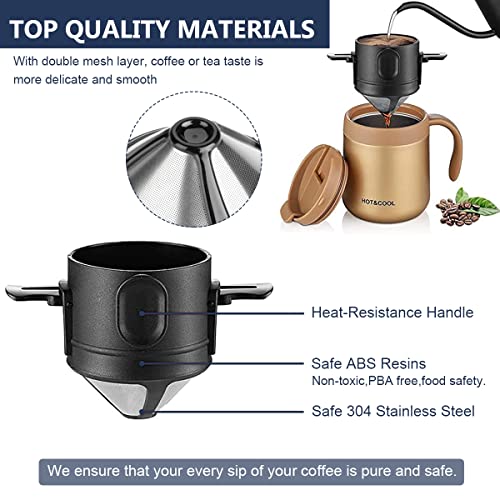 HASTHIP® Filter Coffee Maker with Bottom Cup Double Mesh Pour Over Food Grade Stainless Steel Plastic Dripper Paperless Foldable to Fit Most Keep Flavour Easy Use Clean 2 PCS