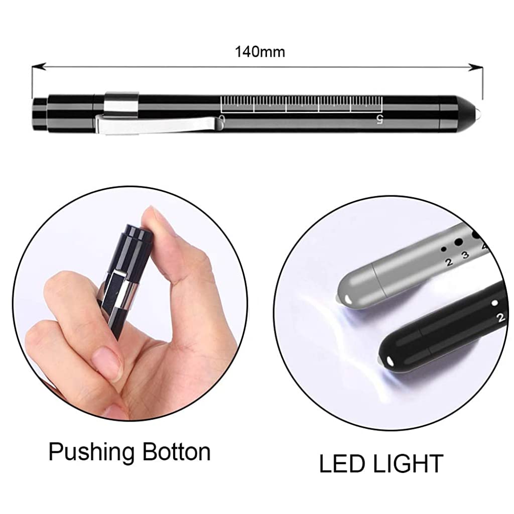 Optifit Pen Torch for Doctors with Push Button Switch and 5cm Ruler | 2Pcs Aluminum Alloy Clip-On LED Light