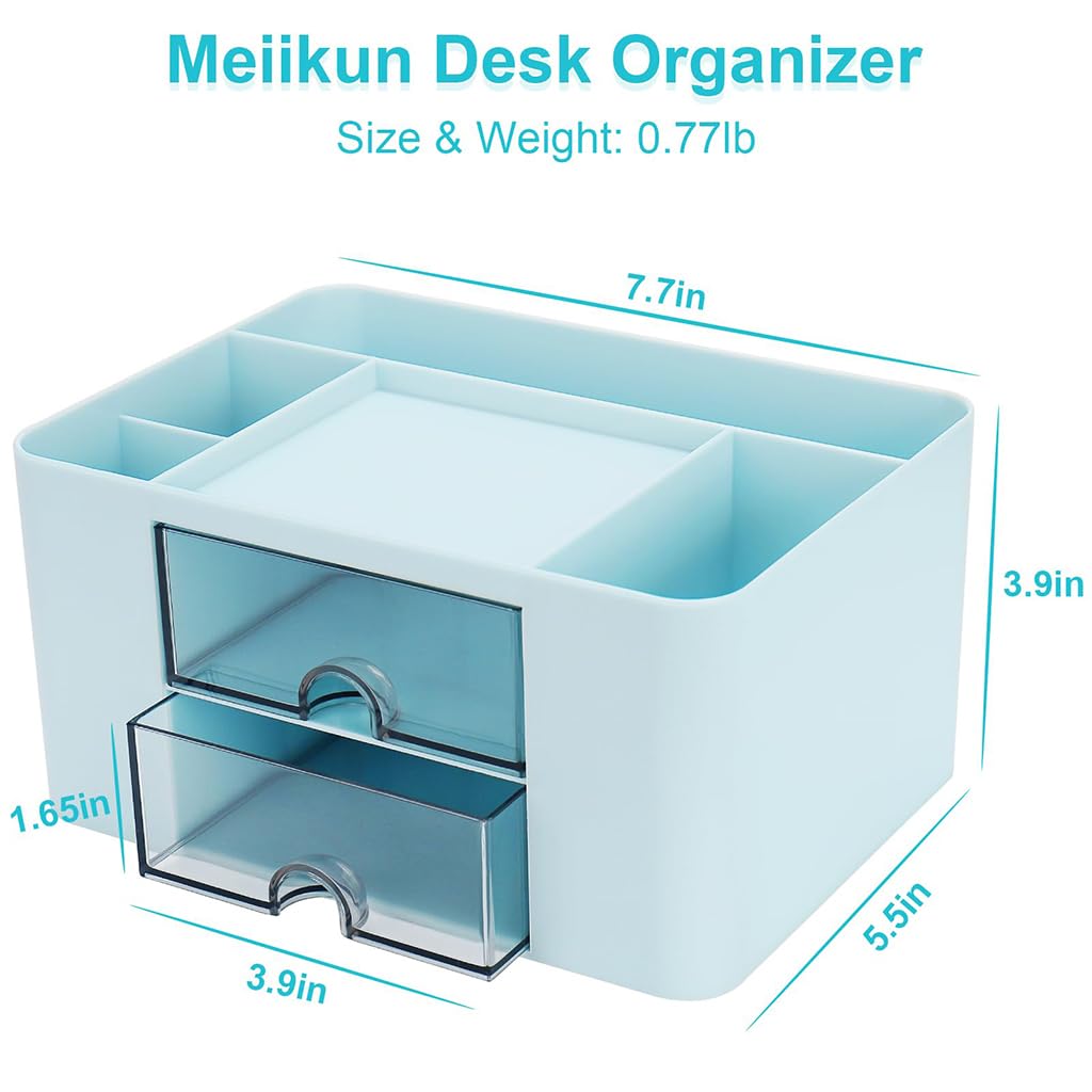 Zibuyu Desk Organiser for Office Table with 2 Drawers and 5 Compartments | Blue ABS Storage Box