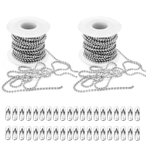 SANNIDHI® 2Pcs 32ft Bead Chain for DIY Charms 2.0mm Stainless Steel Ball Bead Chain with 20Pcs Clasp Customized DIY Bead Chain for Charms, Keychains, Pendents, Craftings