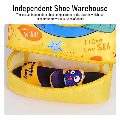 PALAY® Swimming Bag for Kids Cute Cartoon Shark Print Waterproof Drawstring Backpack Dry Wet Separation Storage Travel Sports Portable Beach Yellow 3 PCS