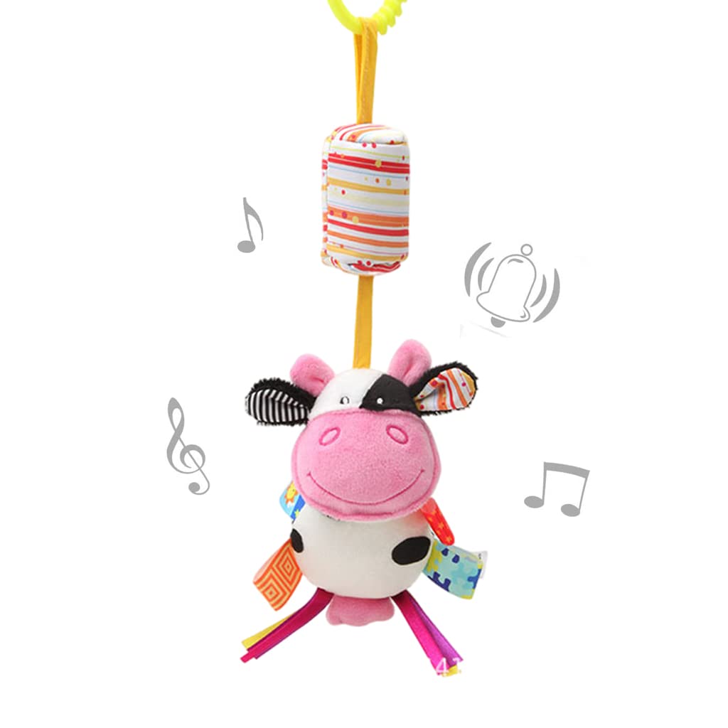 SNOWIE SOFT Hanging Toys for New Born Baby Rattle Crinkle Squeaky Toy Car Seat Stroller Toys Plush Animal C-Clip Ring for Infant Babies Boys and Girls 3 6 9 to 12 Months(Cow)