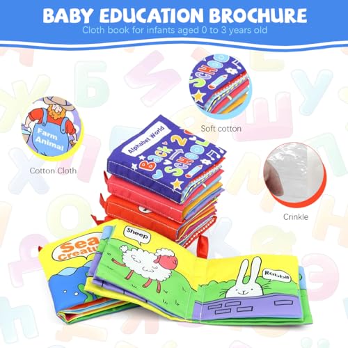 SNOWIE SOFT® 6PCS Cloth Books for Babies 0 to 3 Years Soft Toys Sensory 6-12 Month Non-Toxic Early Education Toy Touch and Feel Crinkle Waterproof Book for Toddler