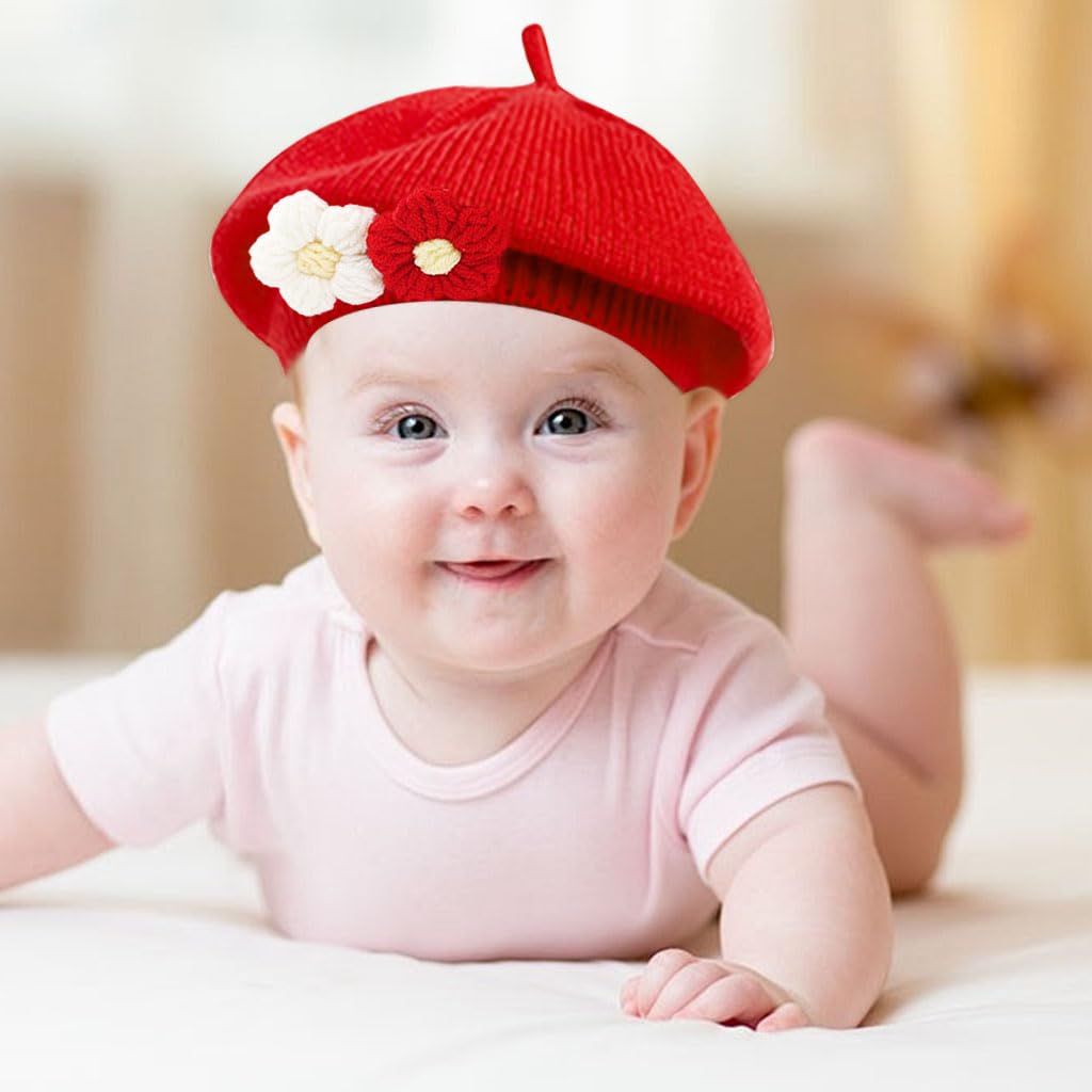 SNOWIE SOFT Cotton Knitting Flower Winter Cap for 6–30 Months Baby Girls in Red | Cozy Beret Gift