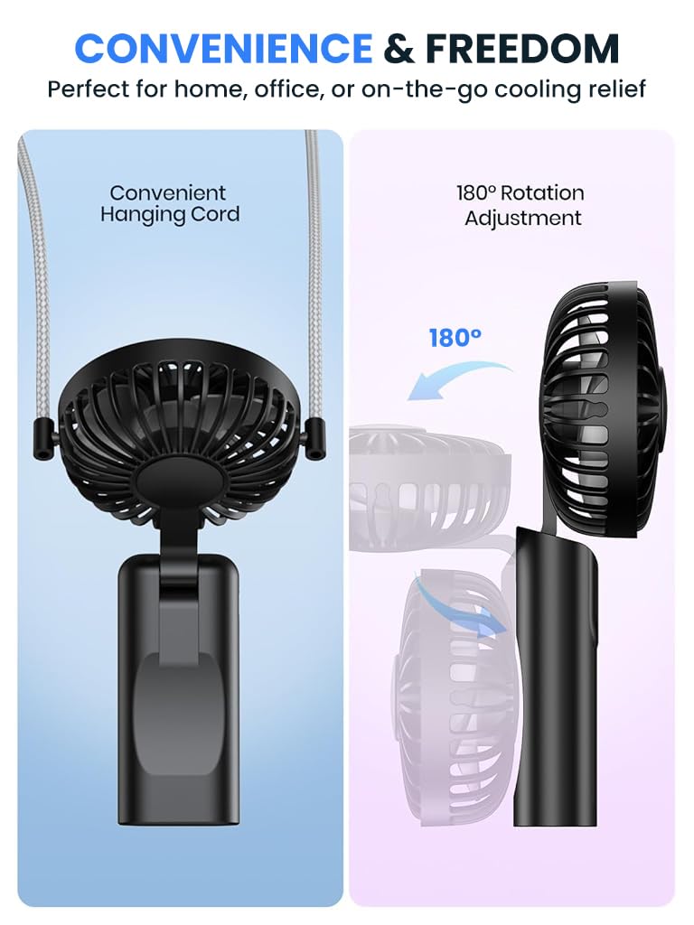 Verilux USB Handheld Fan for Travel and Office with 5000mAh Battery | Detachable Neck Strap