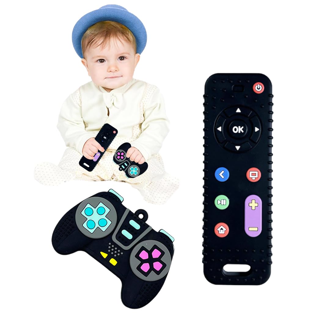 PATPAT® Teething Relief Teethers for Babies 3 6 12 Months Gifts, Silicone Teether Remote Control & Game Controller Sensory Bath for 3 6 9 12 18 Months Newborn Infant