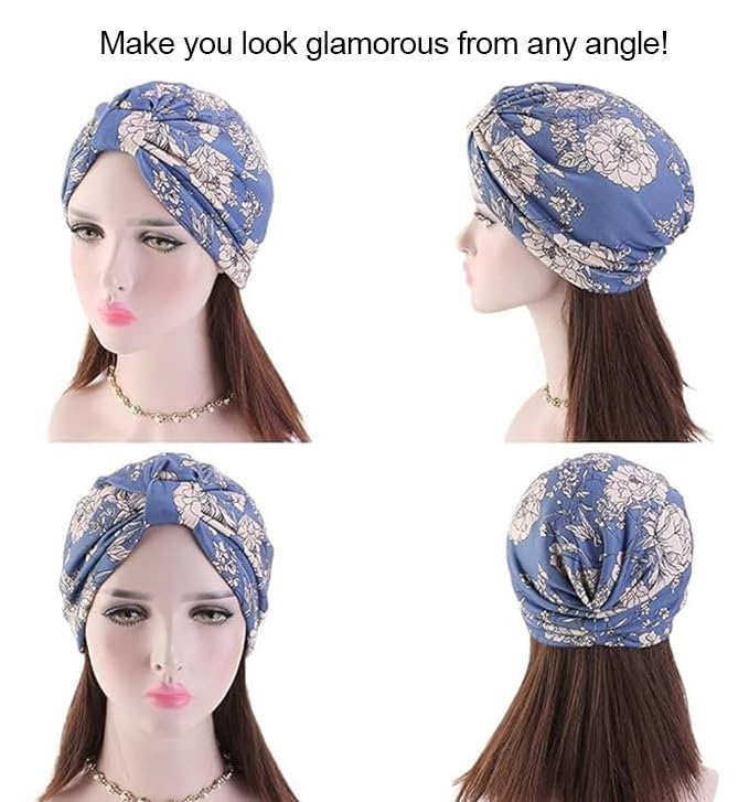 PALAY Chemo Caps for Women with Satin Liner and Cotton Floral Print | Soft Blue Headwrap