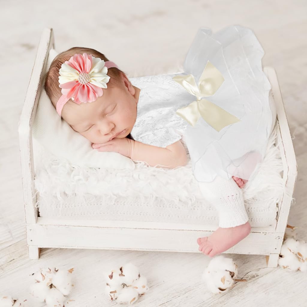 SNOWIE SOFT® Baby Girls Lace Infant Clothes for Newborn Photography Flower Princess Headband and Bow Lace Dress Kit for Infant Girls Newborn Photography Props Newborn Infant Baby Girls Shower Gift